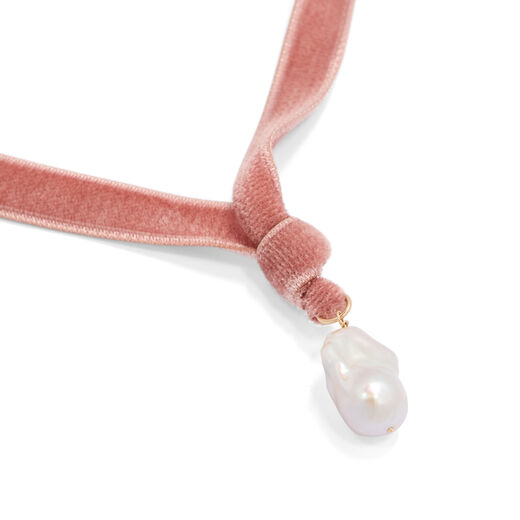 Pearl and pastel pink velvet ribbon necklace by Margaux Studios